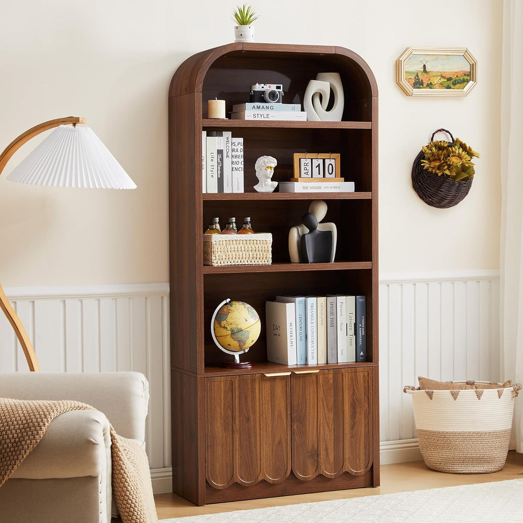 ORRD 70" Tall Arched Bookshelf with Storage Cabinet, Modern 4-Tier Wood Bookcase with Scalloped Doors & Gold Handles, Open Display Shelves for Living Room, Bedroom, or Home Study Office (Walnut)