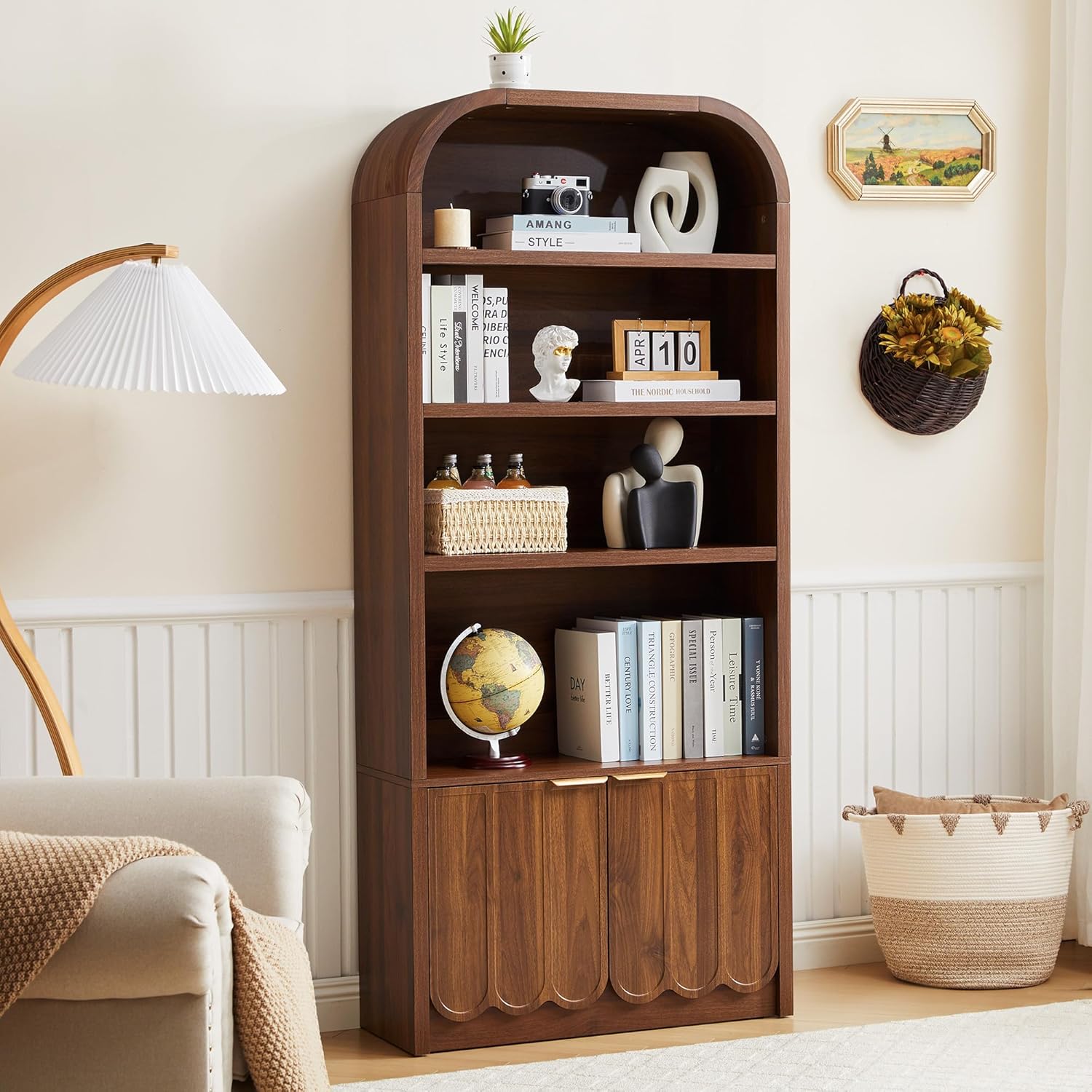 ORRD 70" Tall Arched Bookshelf with Storage Cabinet, Modern 4-Tier Wood Bookcase with Scalloped Doors & Gold Handles, Open Display Shelves for Living Room, Bedroom, or Home Study Office (Walnut)