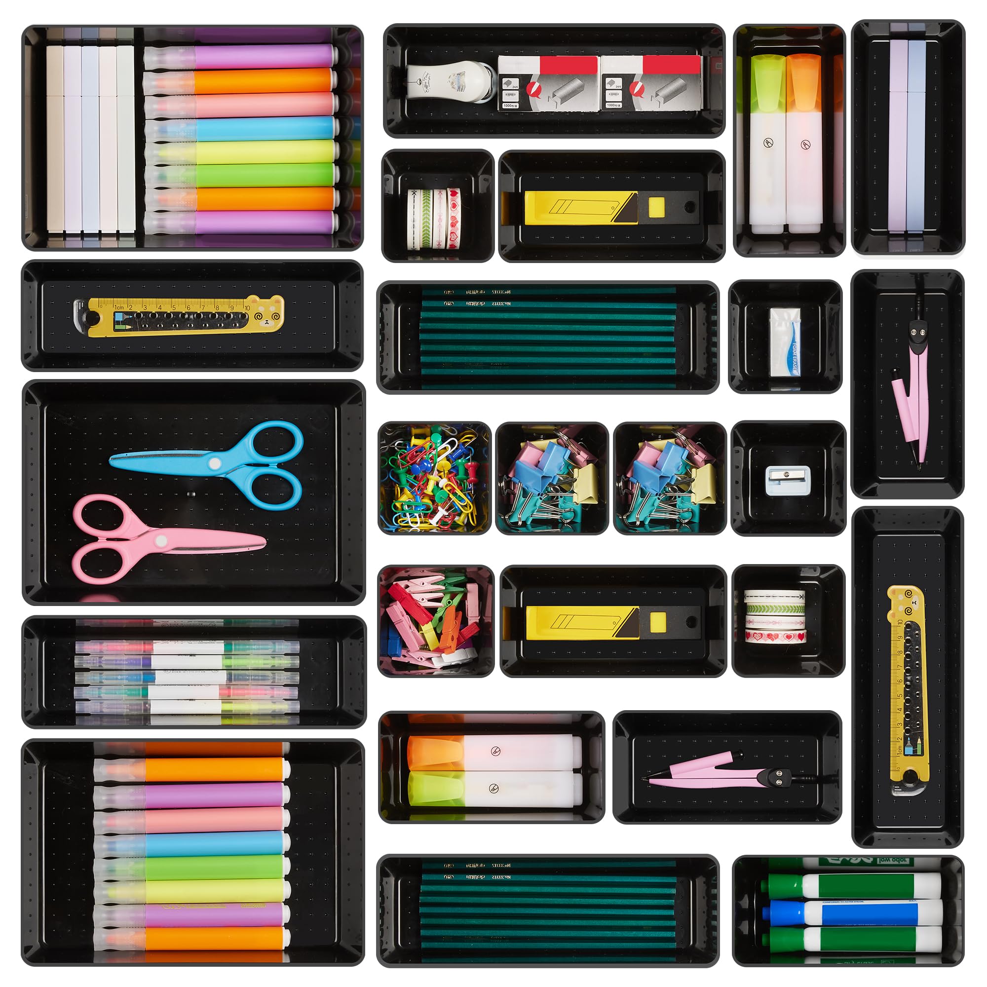 Vtopmart 25 PCS Plastic Drawer Organizers Set, 4-Size Versatile Bathroom and Vanity Drawer Organizer Trays, Storage Bins for Makeup, Bedroom, Kitchen Gadgets Utensils and Office