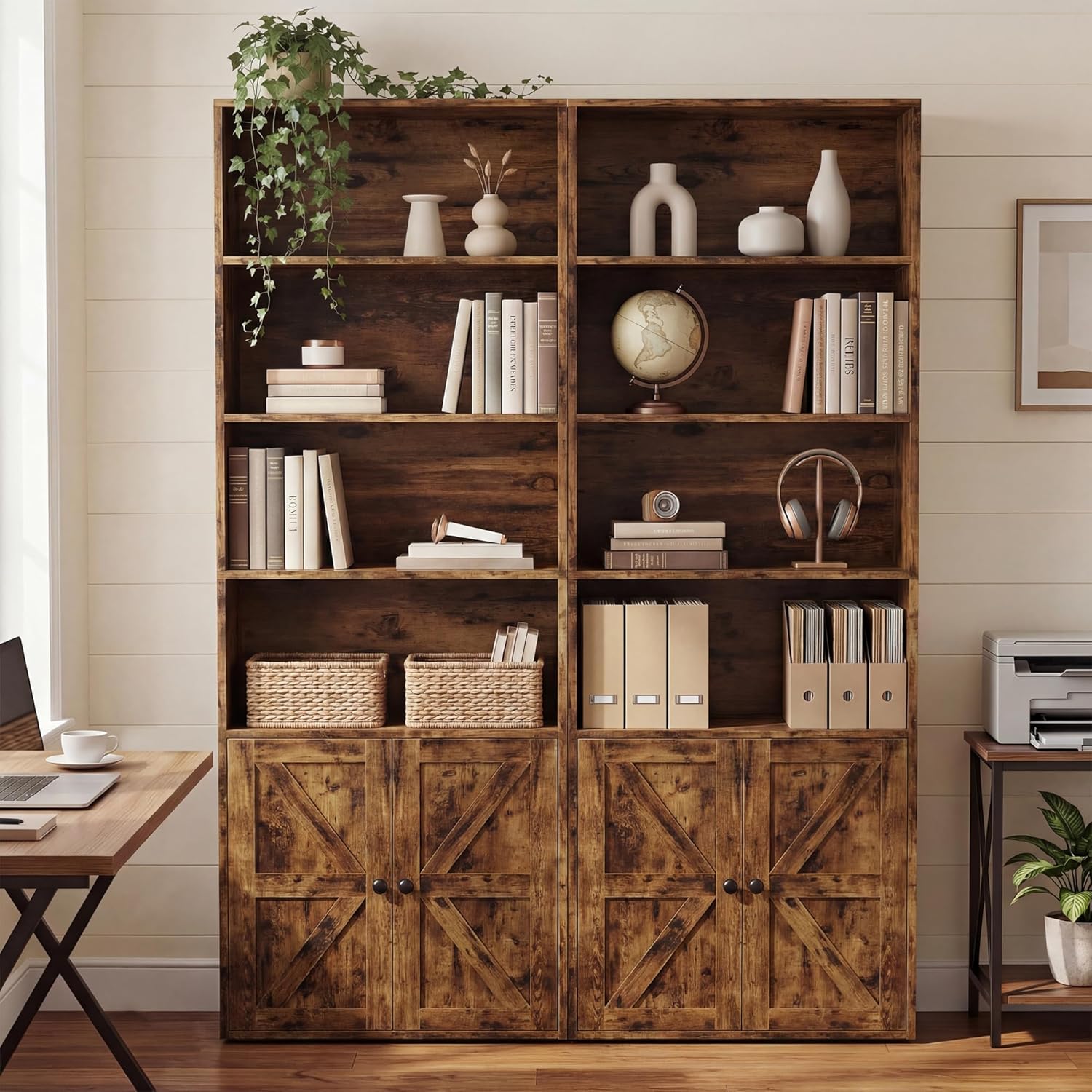 YESHOMY Farmhouse Bookshelf and Bookcase with Doors, Industrial Bookshelves and Bookcases Floor Standing Display 6-Tier Shelf Storage 71.5 inchs for Home Office, Living Room, Rustic Brown, 2 PCS
