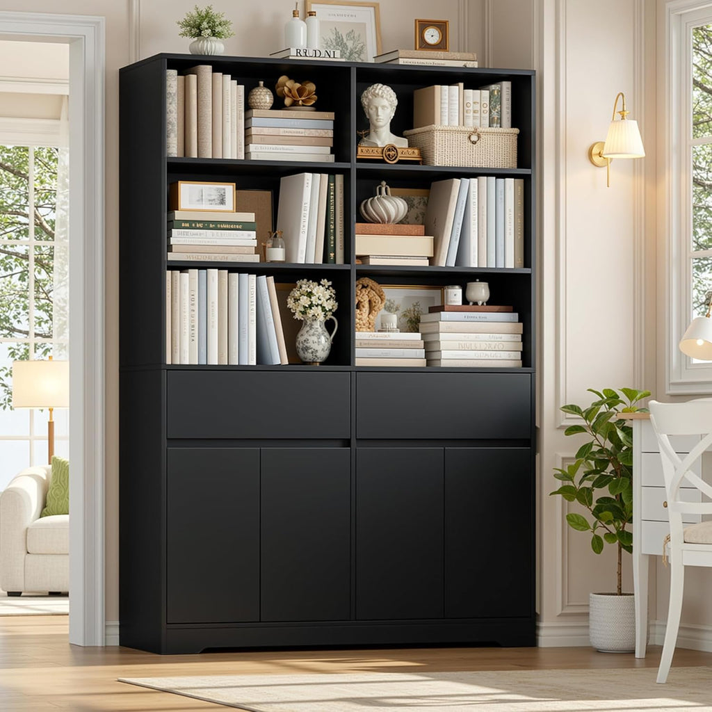FOTOSOK 69" H × 47.2" W Tall Bookshelf with Doors, 6-Tier Double Wide Bookshelves and Bookcases with Storage, Tall Bookshelf Large Open Book Shelf Storage Cabinets for Home Office