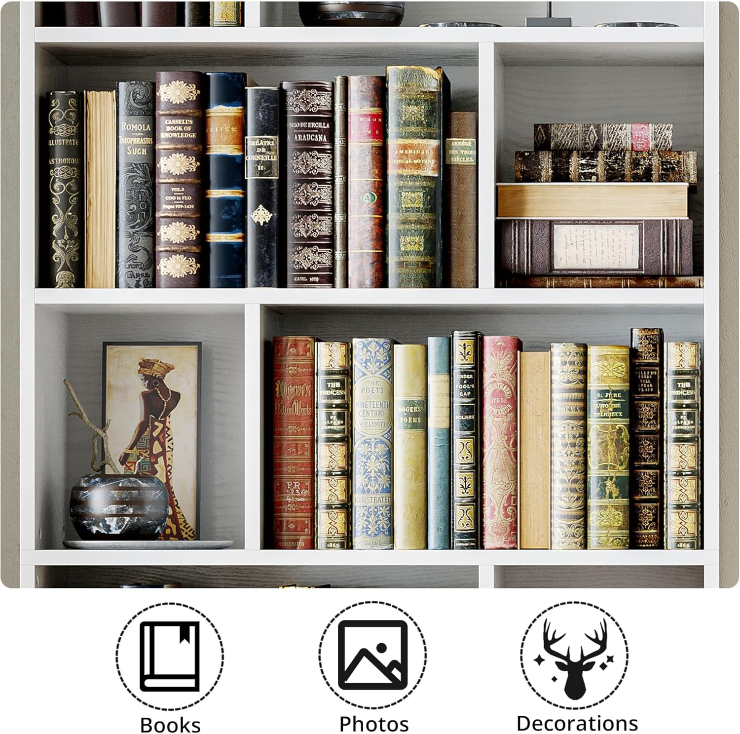 IRONCK Book Shelf, Tall Bookshelf with Storage, Bookshelves and Bookcases with Doors, 4-Tier Bookcase with 8 Open Cubes for Living Room, Office, Study, White