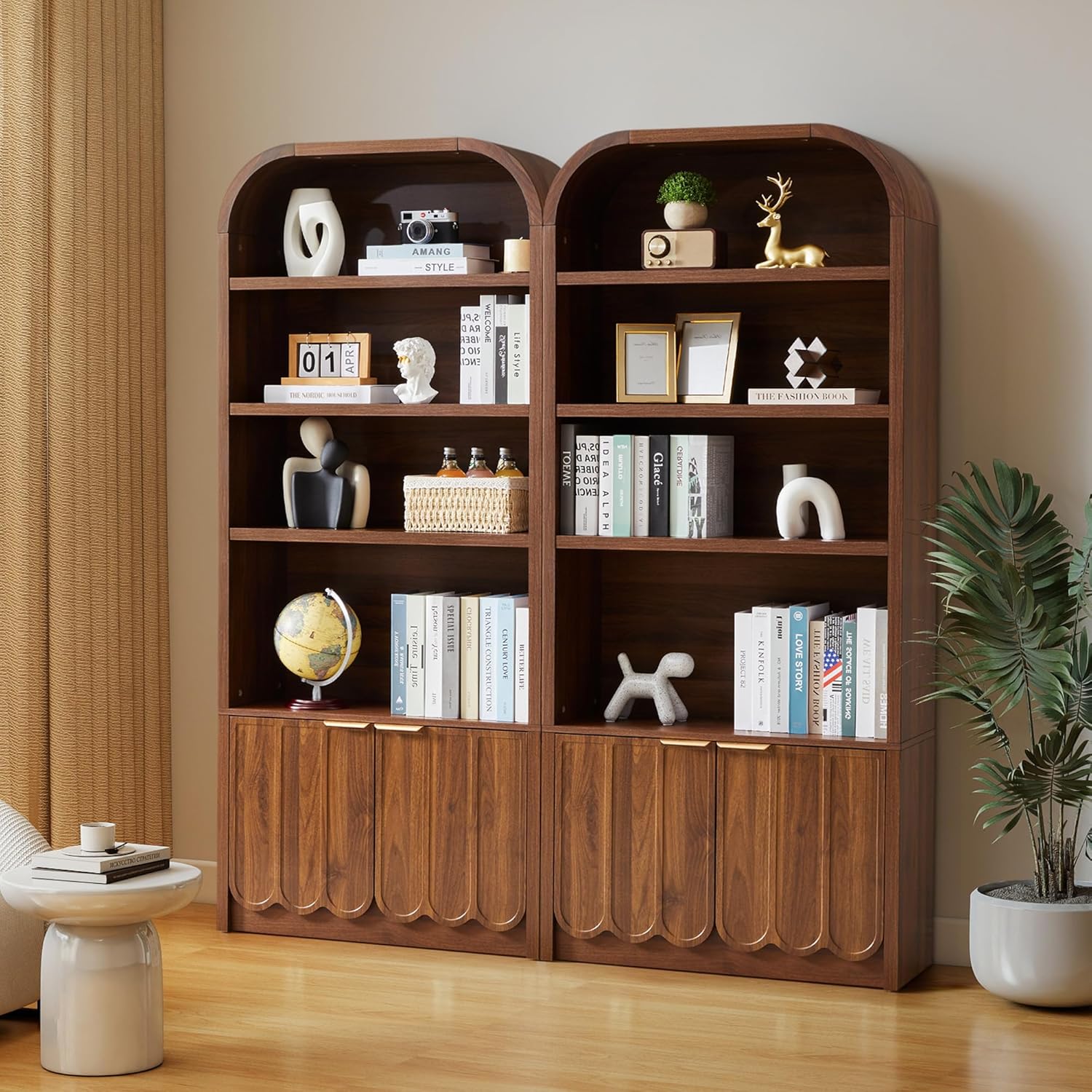 ORRD 70" Tall Arched Bookshelf with Storage Cabinet, Modern 4-Tier Wood Bookcase with Scalloped Doors & Gold Handles, Open Display Shelves for Living Room, Bedroom, or Home Study Office (Walnut)
