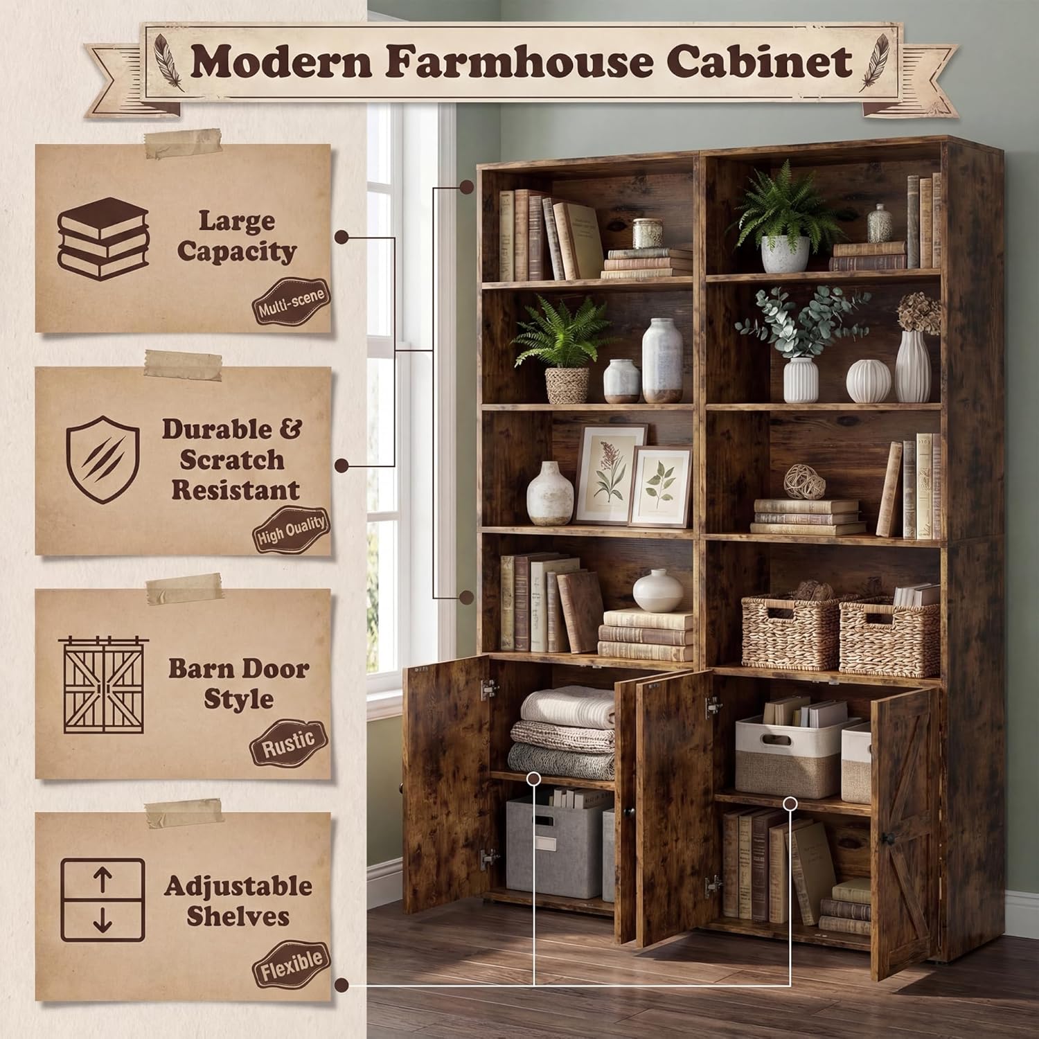 YESHOMY Farmhouse Bookshelf and Bookcase with Doors, Industrial Bookshelves and Bookcases Floor Standing Display 6-Tier Shelf Storage 71.5 inchs for Home Office, Living Room, Rustic Brown, 2 PCS
