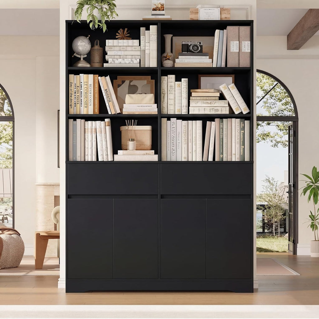 FOTOSOK 69" H × 47.2" W Tall Bookshelf with Doors, 6-Tier Double Wide Bookshelves and Bookcases with Storage, Tall Bookshelf Large Open Book Shelf Storage Cabinets for Home Office