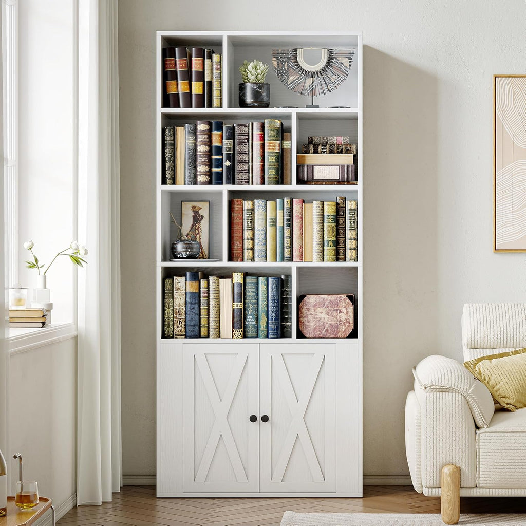 IRONCK Book Shelf, Tall Bookshelf with Storage, Bookshelves and Bookcases with Doors, 4-Tier Bookcase with 8 Open Cubes for Living Room, Office, Study, White