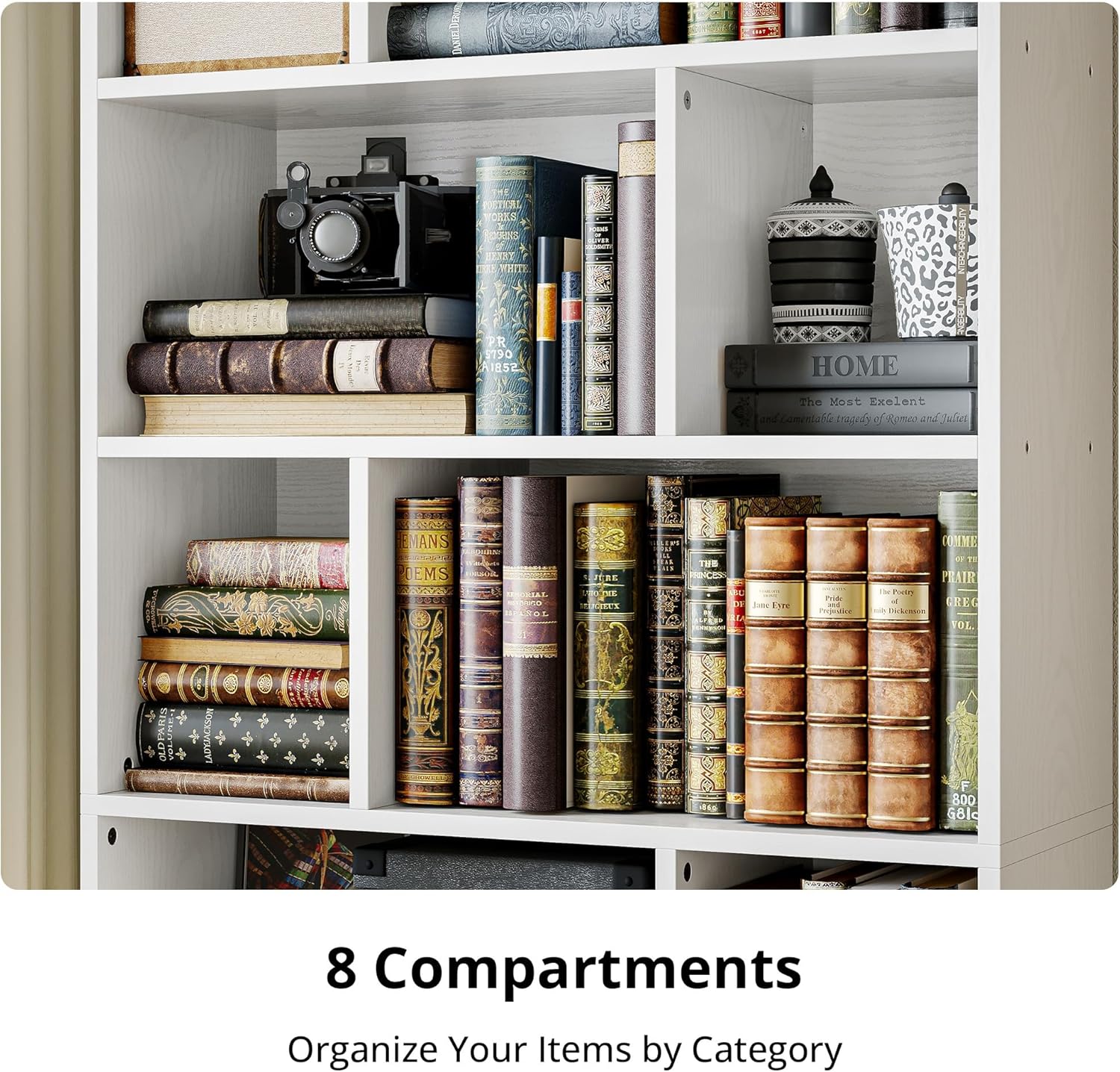 IRONCK Book Shelf, Tall Bookshelf with Storage, Bookshelves and Bookcases with Doors, 4-Tier Bookcase with 8 Open Cubes for Living Room, Office, Study, White