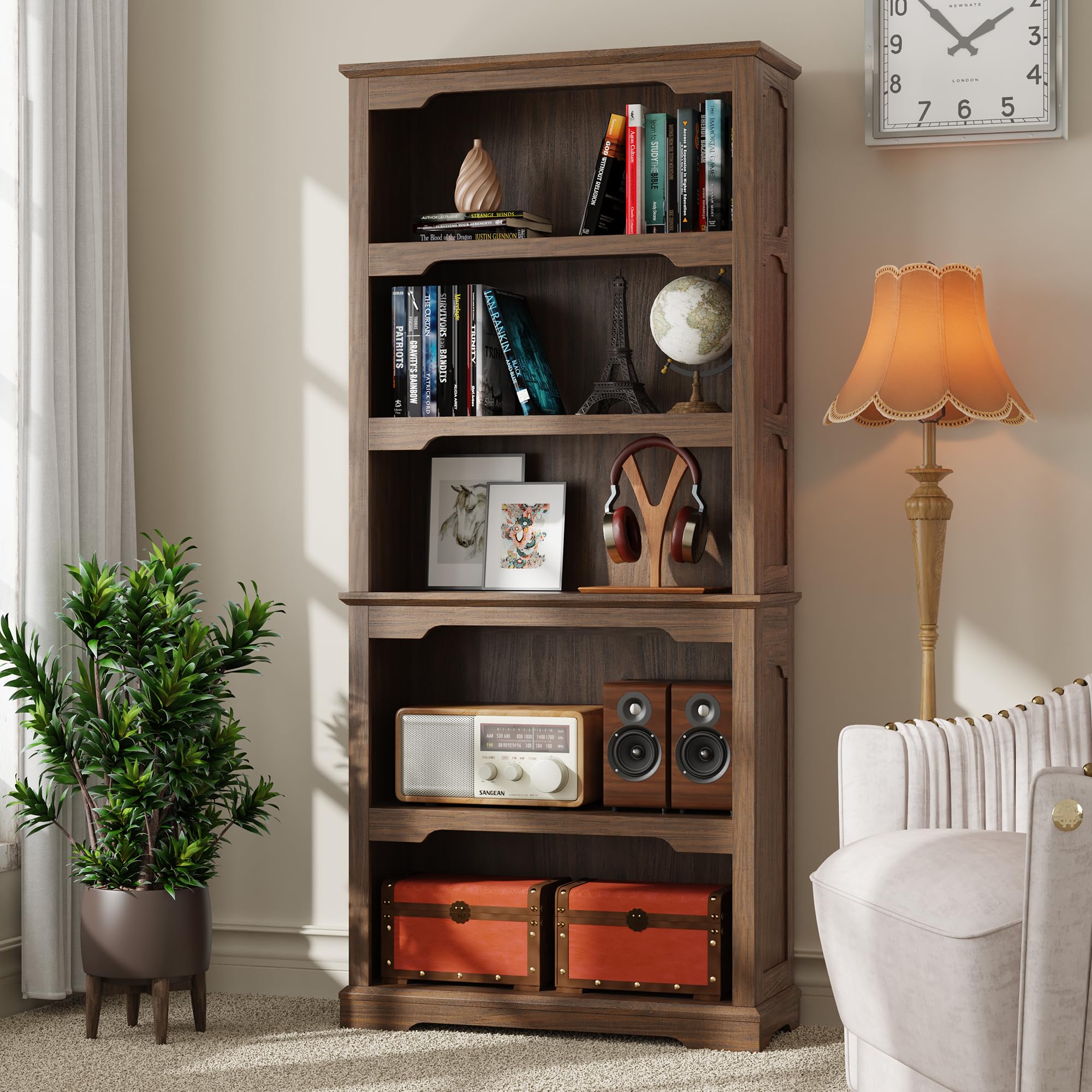 Tall Bookcase, 70 inch Height, 5-Tier Open Storage Shelf, 31.5 in Wide Standing Bookshelves for Home, Office, Bedroom, School, Library, 31.5W * 11.81D *70H (White Espresso, Wooden Door)