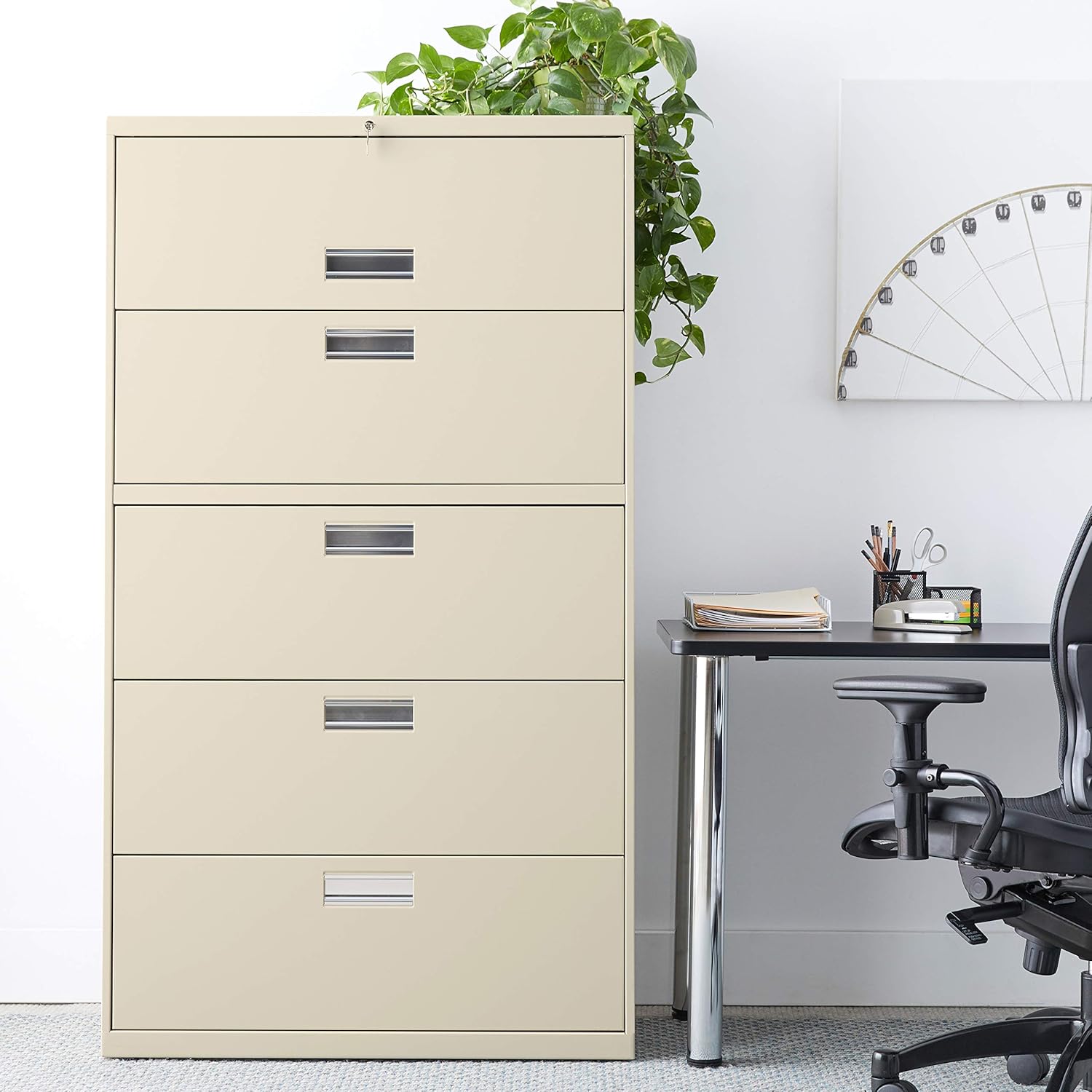 HON 5 Drawer Lateral File Cabinet with Lock, Metal Filing Cabinets for Offices, Adjustable Hangrails for A4, Legal, Letter Files, 18" Deep, Putty