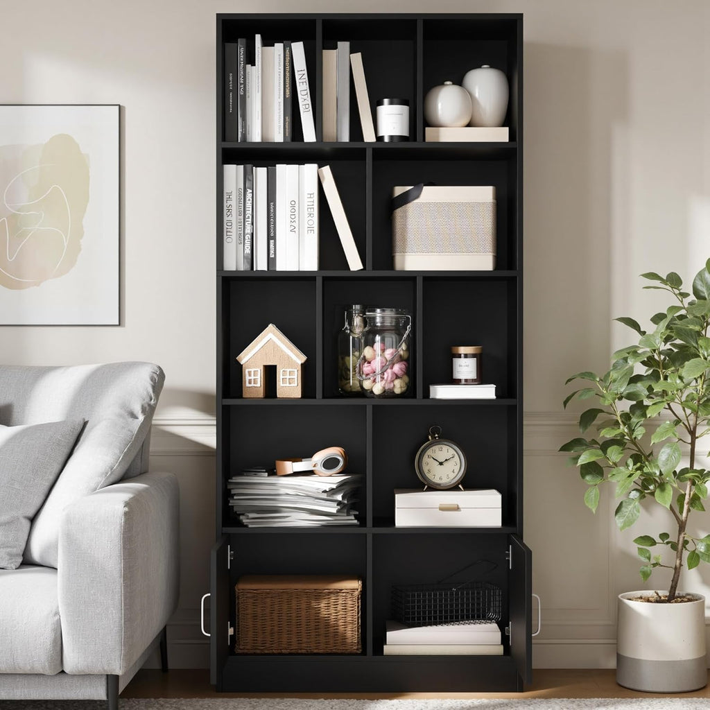 Cozy Castle 70" Tall Black Bookshelf with 12 Cubes and 2 Doors, 4-Tier Open Shelf Bookcase with Cabinet, Modern Cube Storage Organizer for Living Room, and Office