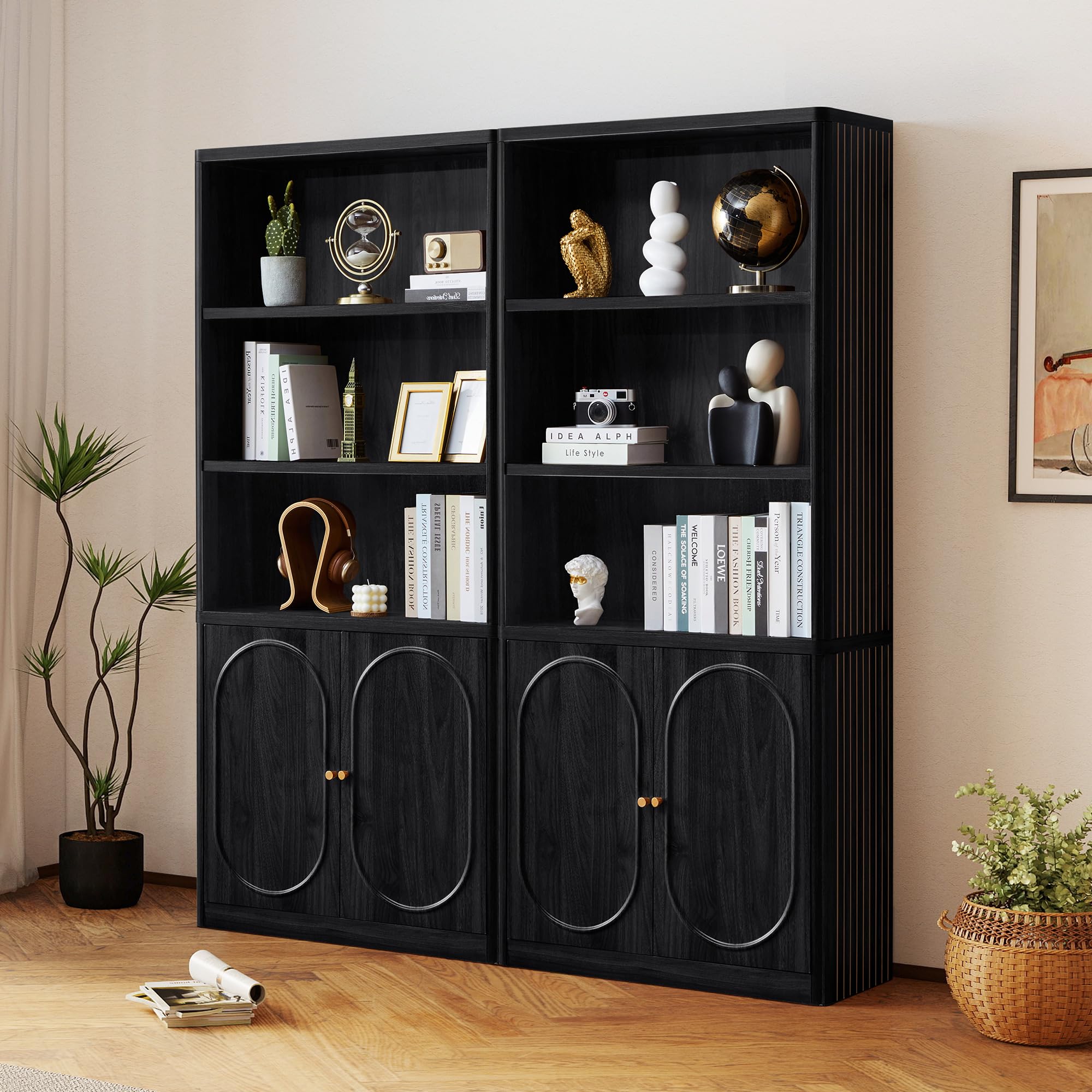 ORRD 70" Tall Arched Bookshelf with Storage Cabinet, Modern 4-Tier Wood Bookcase with Scalloped Doors & Gold Handles, Open Display Shelves for Living Room, Bedroom, or Home Study Office (Walnut)