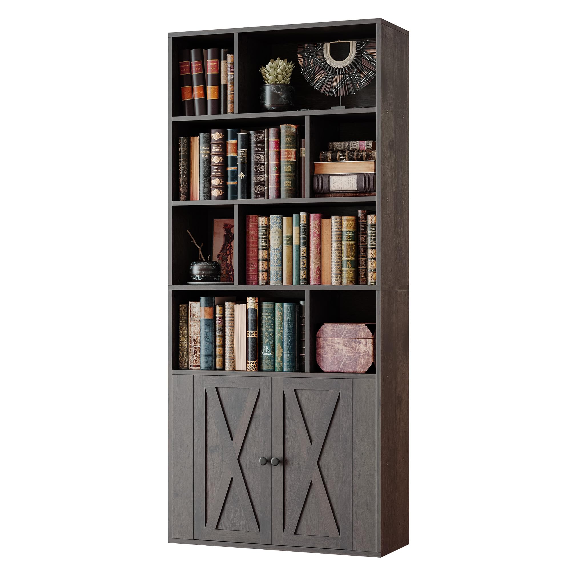IRONCK Book Shelf, Tall Bookshelf with Storage, Bookshelves and Bookcases with Doors, 4-Tier Bookcase with 8 Open Cubes for Living Room, Office, Study, White