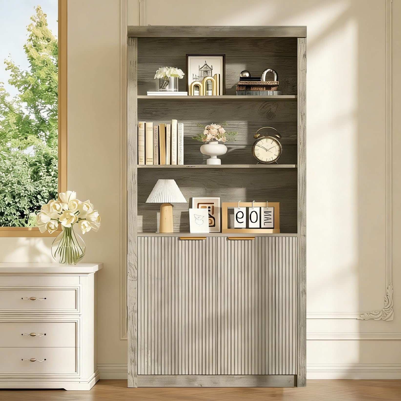 Modern Tall Book Shelf and Bookcase, 31.5"Wide Bookshelf with Doors, Farmhouse Book Case with Adjustable Top Shelf, Wood Storage Cabinet with 5 Tier Display Shelves for Home Office, Living Room, Black