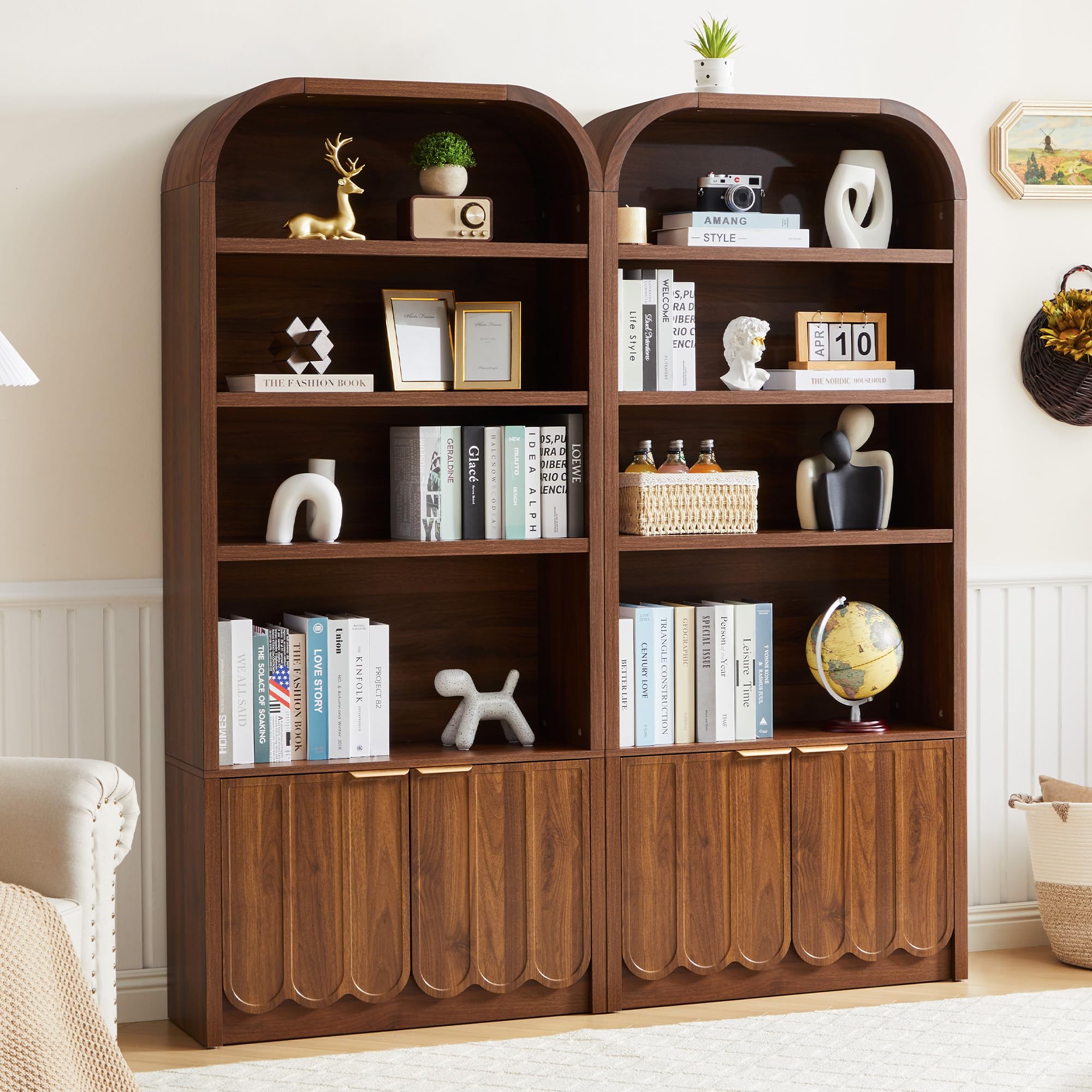 ORRD 70" Tall Arched Bookshelf with Storage Cabinet, Modern 4-Tier Wood Bookcase with Scalloped Doors & Gold Handles, Open Display Shelves for Living Room, Bedroom, or Home Study Office (Walnut)