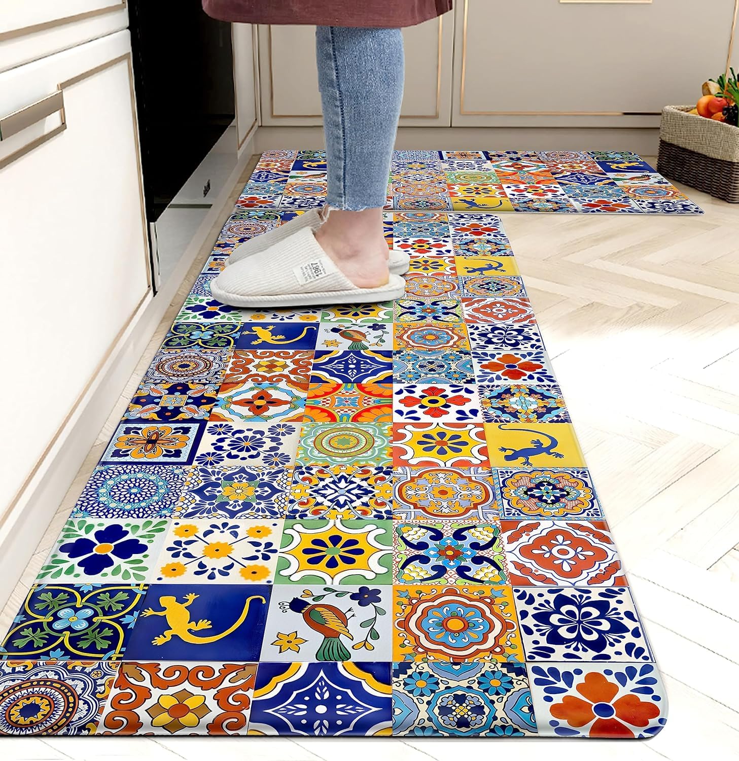 Western Kitchen Mat Rugs Set of 2 Aztec Anti Fatigue Non-Slip Kitchen mats for Floor Western Country Cactus Theme PVC Comfort Mat Floor Rugs Decor Office Front Door Sink 17.3x28+17.3X 47 inches
