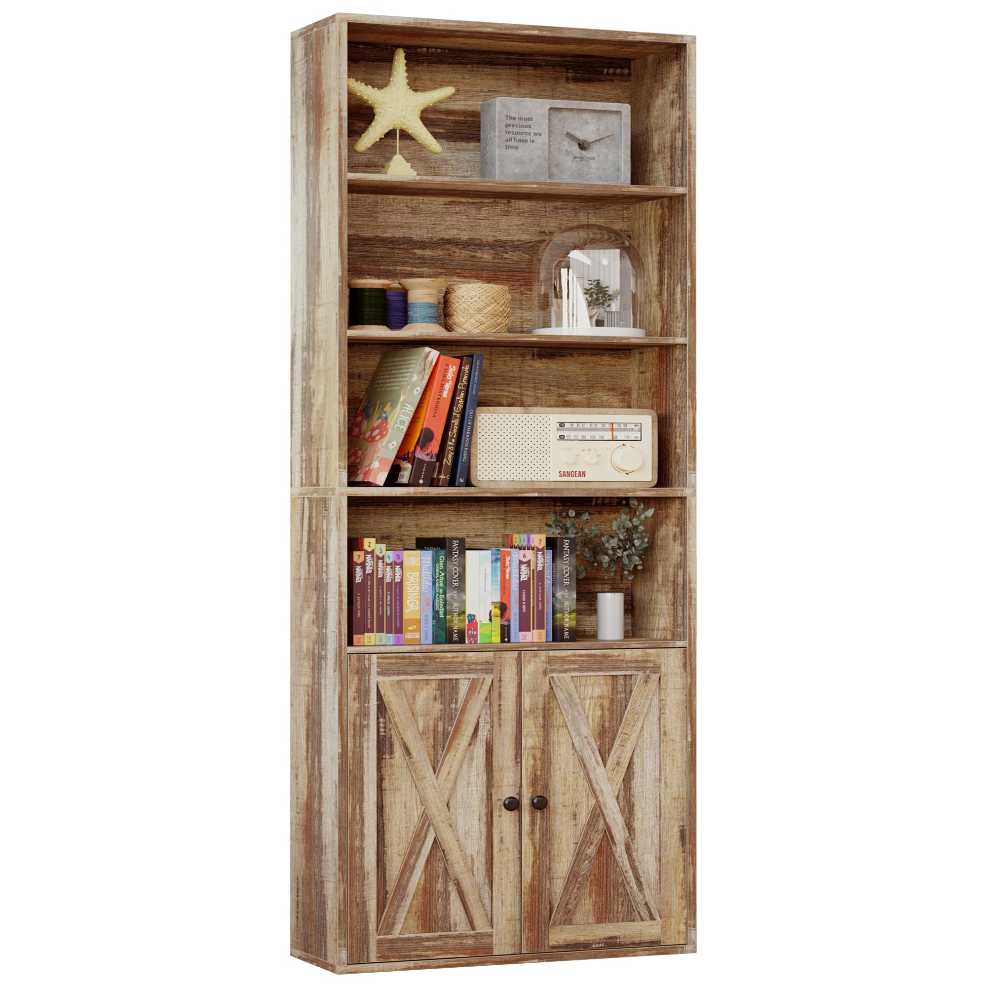 IRONCK Industrial Bookshelves and Bookcases with Doors Floor Standing 6 Shelf Display Storage Shelves 70 in Tall Bookcase for Home Office, Living Room