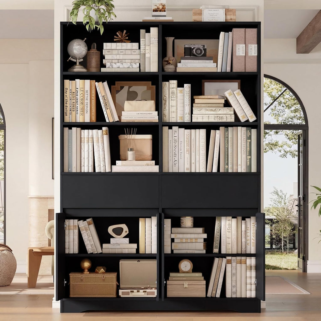 FOTOSOK 69" H × 47.2" W Tall Bookshelf with Doors, 6-Tier Double Wide Bookshelves and Bookcases with Storage, Tall Bookshelf Large Open Book Shelf Storage Cabinets for Home Office