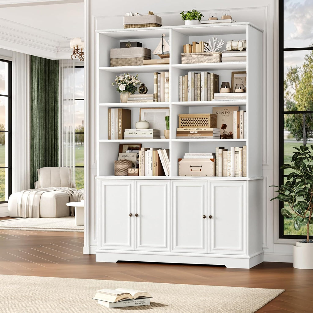 FOTOSOK 73" White Bookshelf with Doors, 6 Tier Tall Bookshelf, 47.2" Double Wide Farmhouse Bookshelves and Bookcases, Large Open Book Shelf Storage Cabinets for Home Office