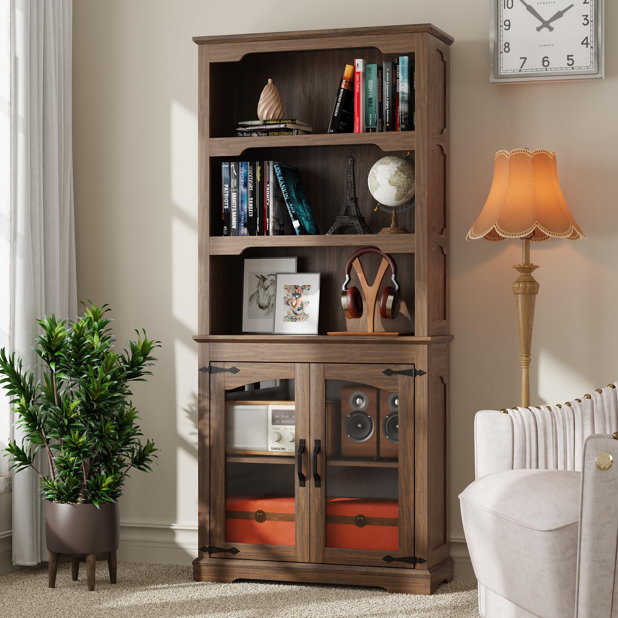 Tall Bookcase, 70 inch Height, 5-Tier Open Storage Shelf, 31.5 in Wide Standing Bookshelves for Home, Office, Bedroom, School, Library, 31.5W * 11.81D *70H (White Espresso, Wooden Door)