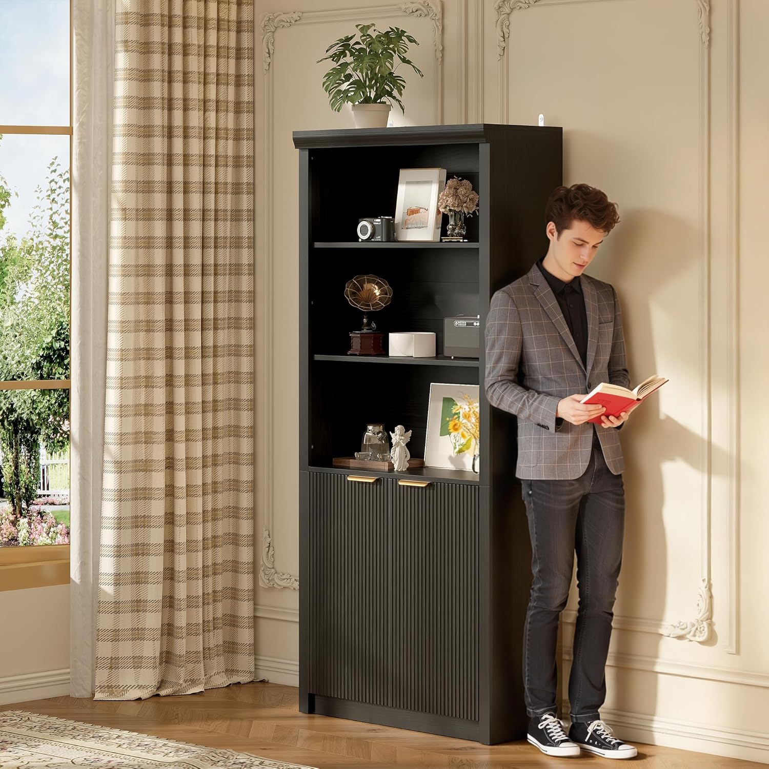 Modern Tall Book Shelf and Bookcase, 31.5"Wide Bookshelf with Doors, Farmhouse Book Case with Adjustable Top Shelf, Wood Storage Cabinet with 5 Tier Display Shelves for Home Office, Living Room, Black