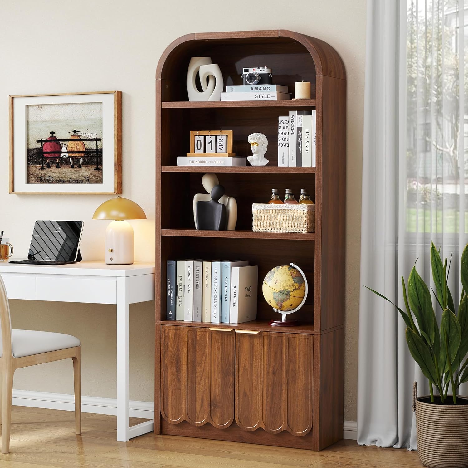 ORRD 70" Tall Arched Bookshelf with Storage Cabinet, Modern 4-Tier Wood Bookcase with Scalloped Doors & Gold Handles, Open Display Shelves for Living Room, Bedroom, or Home Study Office (Walnut)
