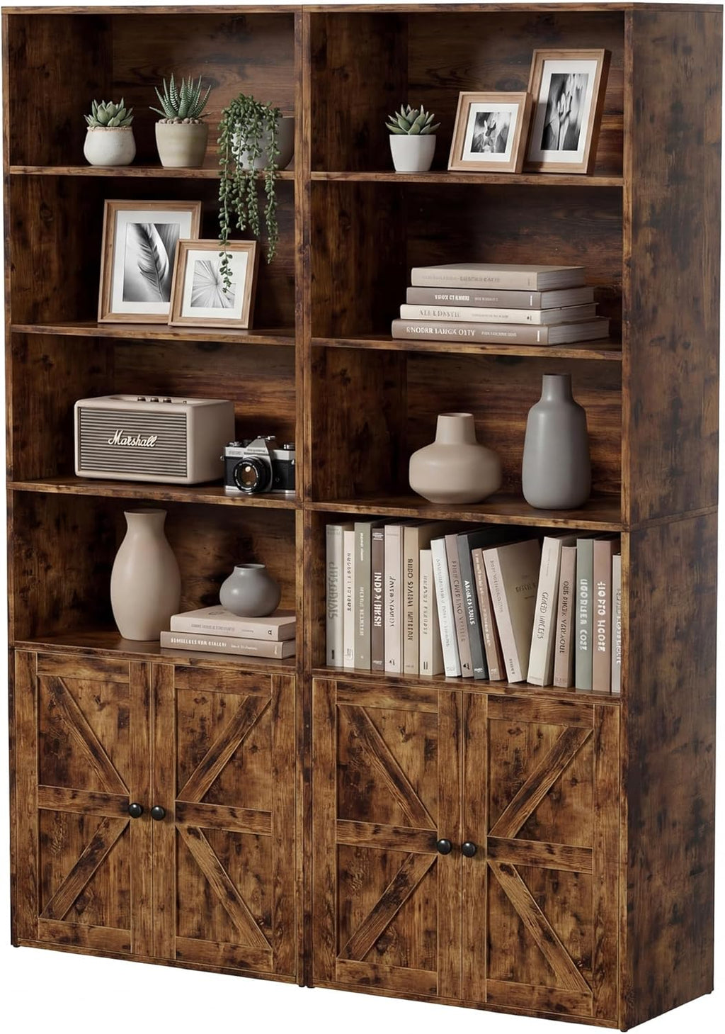 YESHOMY Farmhouse Bookshelf and Bookcase with Doors, Industrial Bookshelves and Bookcases Floor Standing Display 6-Tier Shelf Storage 71.5 inchs for Home Office, Living Room, Rustic Brown, 2 PCS