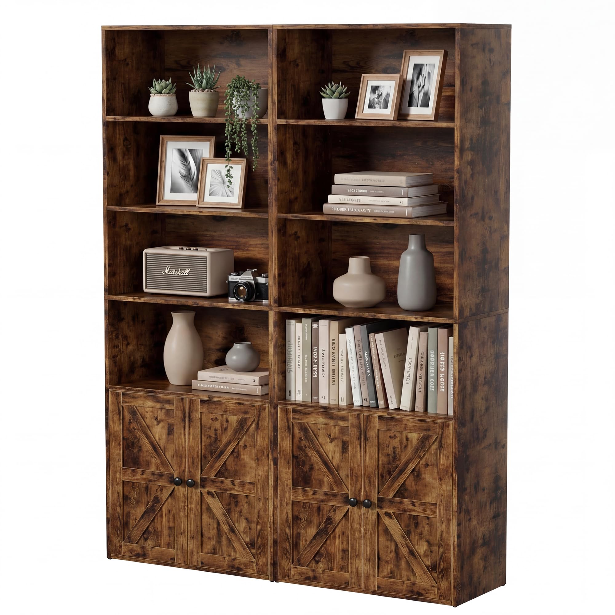 YESHOMY Farmhouse Bookshelf and Bookcase with Doors, Industrial Bookshelves and Bookcases Floor Standing Display 6-Tier Shelf Storage 71.5 inchs for Home Office, Living Room, Rustic Brown, 2 PCS