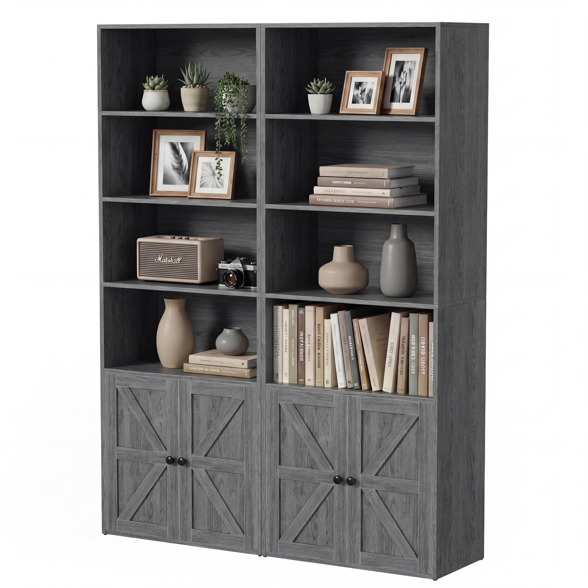 YESHOMY Farmhouse Bookshelf and Bookcase with Doors, Industrial Bookshelves and Bookcases Floor Standing Display 6-Tier Shelf Storage 71.5 inchs for Home Office, Living Room, Rustic Brown, 2 PCS