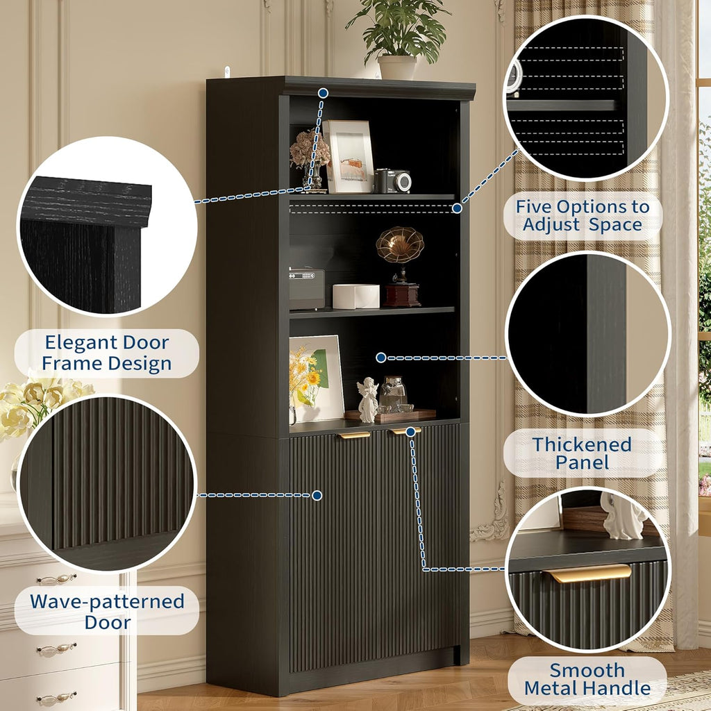 Modern Tall Book Shelf and Bookcase, 31.5"Wide Bookshelf with Doors, Farmhouse Book Case with Adjustable Top Shelf, Wood Storage Cabinet with 5 Tier Display Shelves for Home Office, Living Room, Black