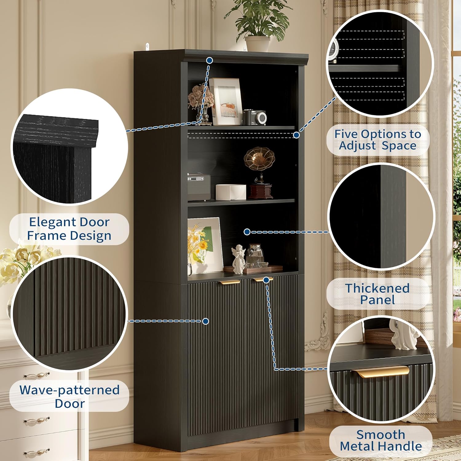 Modern Tall Book Shelf and Bookcase, 31.5"Wide Bookshelf with Doors, Farmhouse Book Case with Adjustable Top Shelf, Wood Storage Cabinet with 5 Tier Display Shelves for Home Office, Living Room, Black