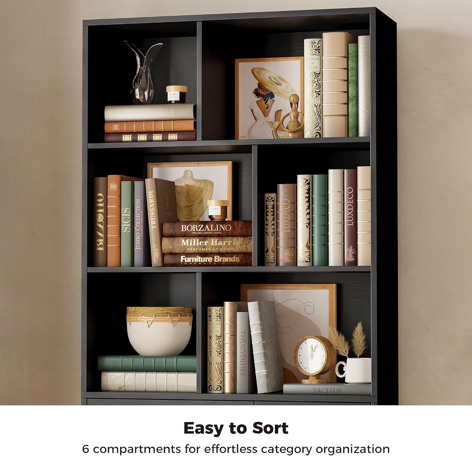 IRONCK Bookshelf, 70.9 Inch Tall Bookcase, Black Book Shelf with Doors and 3 Drawers, 3-Tier Bookshelves with 6 Open Cubes for Home Office, Living Room, Study