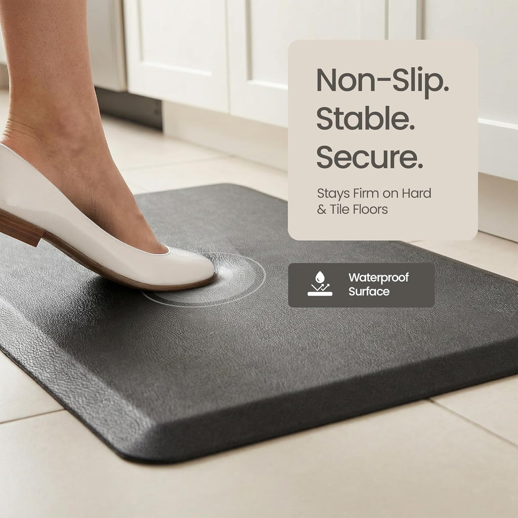 Anti Fatigue Kitchen Mats for Floor | Padded Kitchen Rugs | Non Slip, Cushioned Standing Desk Mat | Waterproof Floor Mat for Home and Office | 17.3" x 28" X 0.47", Black, 1-Pack | More Décor