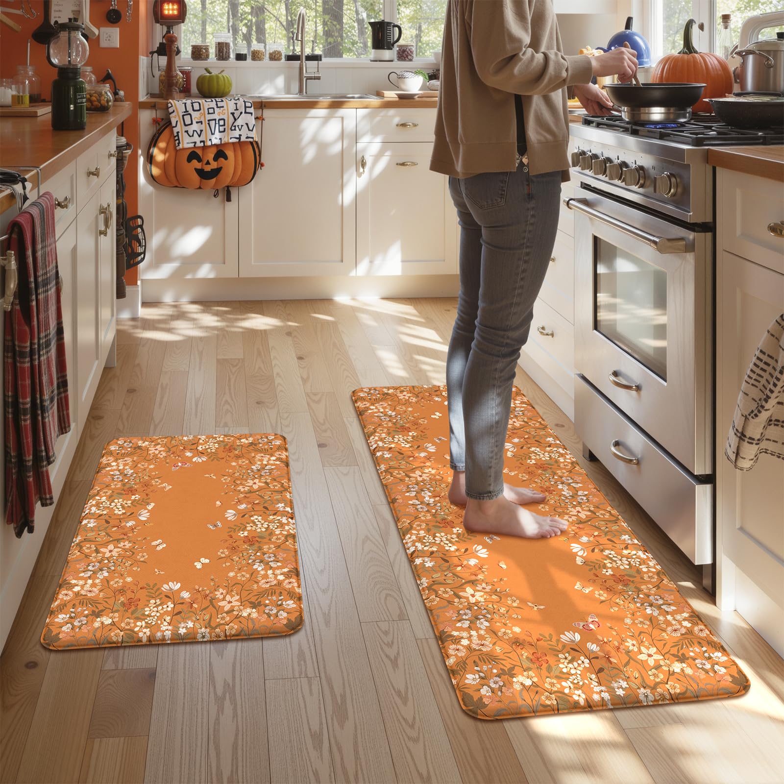 KIMODE Kitchen Mats for Floor Anti Fatigue, Flower Butterfly Kitchen Rugs Sets of 2, Cushioned Kitchen Floor Mats, Comfort Standing Mat for Sink Laundry Office Desk 20"x47"+20"x32" Beige