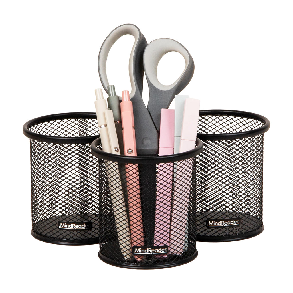 Mind Reader Pen and Accessories Holder, Desktop Organizer, Office, Metal Mesh, 3.5"L x 3.5"W x 3.75"H, Set of 3, Black