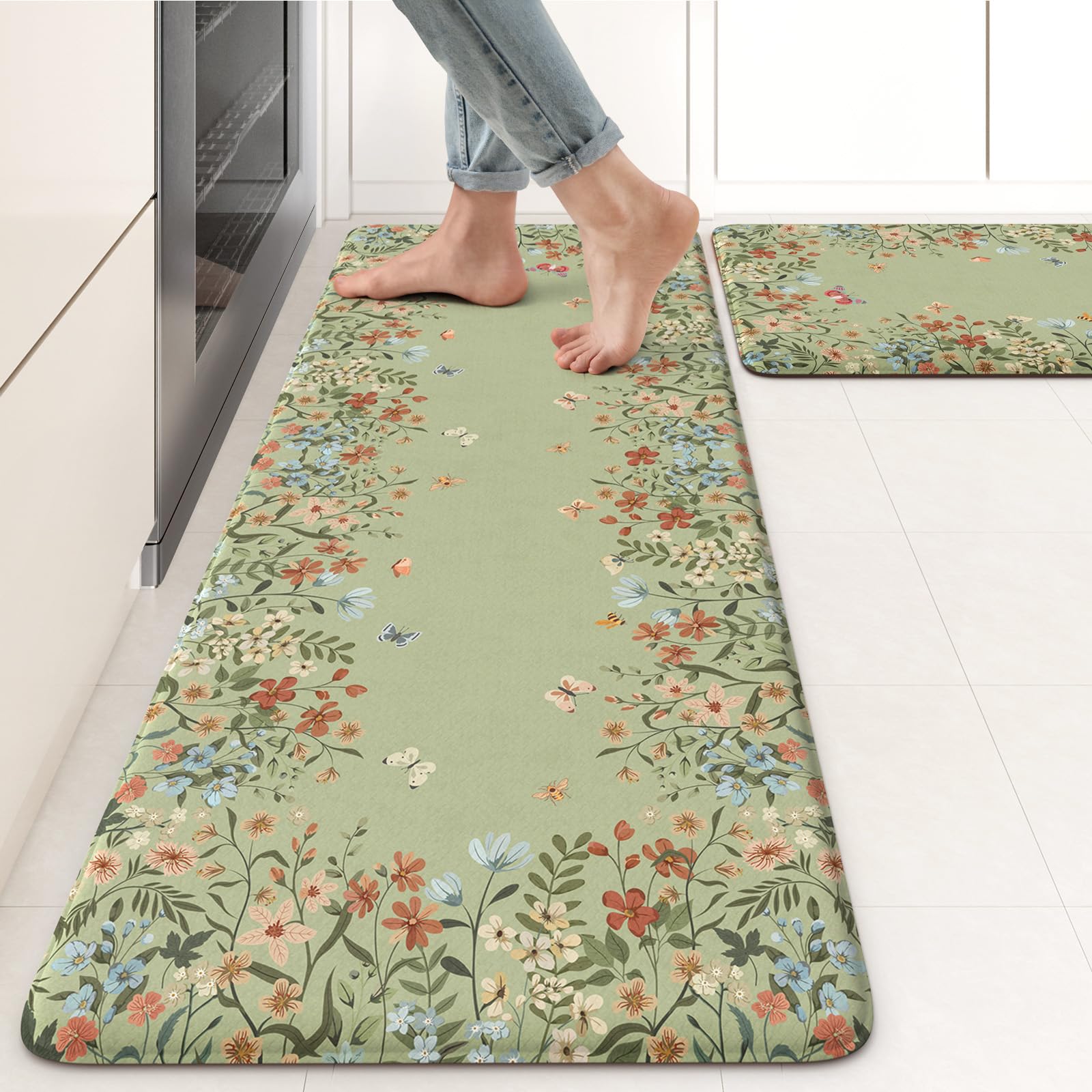 KIMODE Kitchen Mats for Floor Anti Fatigue, Flower Butterfly Kitchen Rugs Sets of 2, Cushioned Kitchen Floor Mats, Comfort Standing Mat for Sink Laundry Office Desk 20"x47"+20"x32" Beige