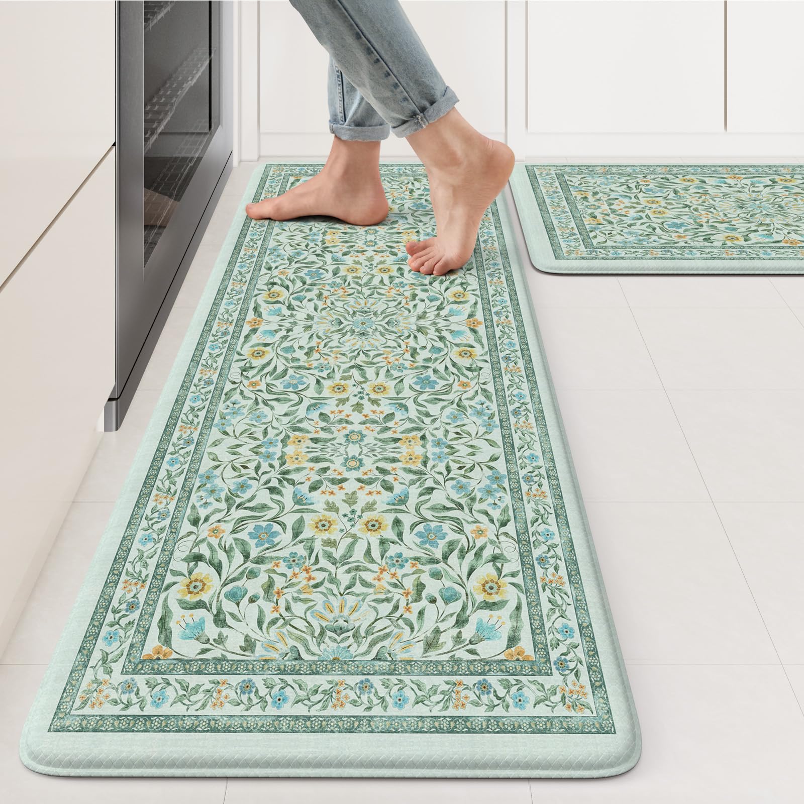 KIMODE Kitchen Mats for Floor Anti Fatigue, Flower Butterfly Kitchen Rugs Sets of 2, Cushioned Kitchen Floor Mats, Comfort Standing Mat for Sink Laundry Office Desk 20"x47"+20"x32" Beige