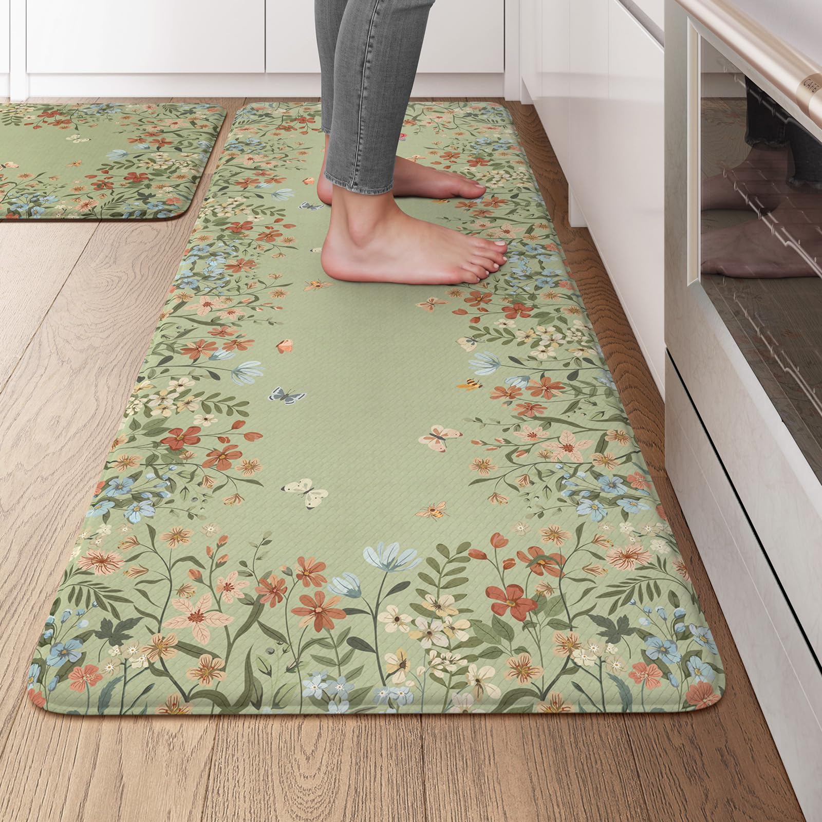 KIMODE Kitchen Mats for Floor Anti Fatigue, Flower Butterfly Kitchen Rugs Sets of 2, Cushioned Kitchen Floor Mats, Comfort Standing Mat for Sink Laundry Office Desk 20"x47"+20"x32" Beige