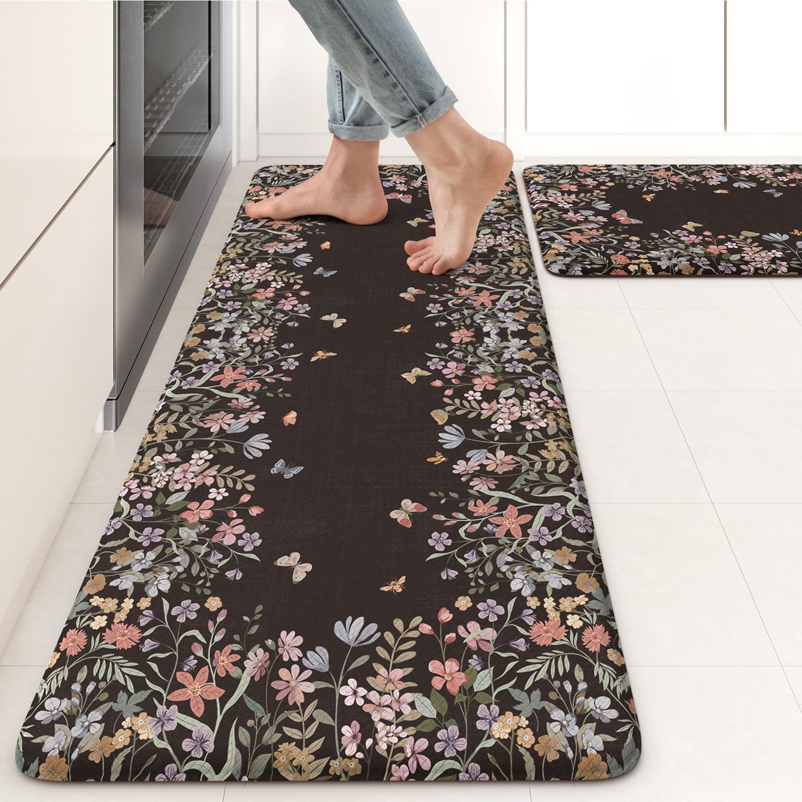 KIMODE Kitchen Mats for Floor Anti Fatigue, Flower Butterfly Kitchen Rugs Sets of 2, Cushioned Kitchen Floor Mats, Comfort Standing Mat for Sink Laundry Office Desk 20"x47"+20"x32" Beige