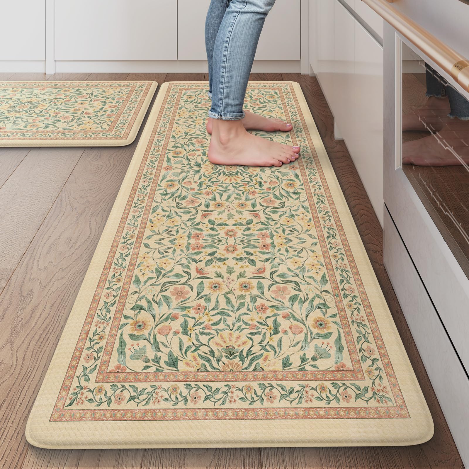 KIMODE Kitchen Mats for Floor Anti Fatigue, Flower Butterfly Kitchen Rugs Sets of 2, Cushioned Kitchen Floor Mats, Comfort Standing Mat for Sink Laundry Office Desk 20"x47"+20"x32" Beige