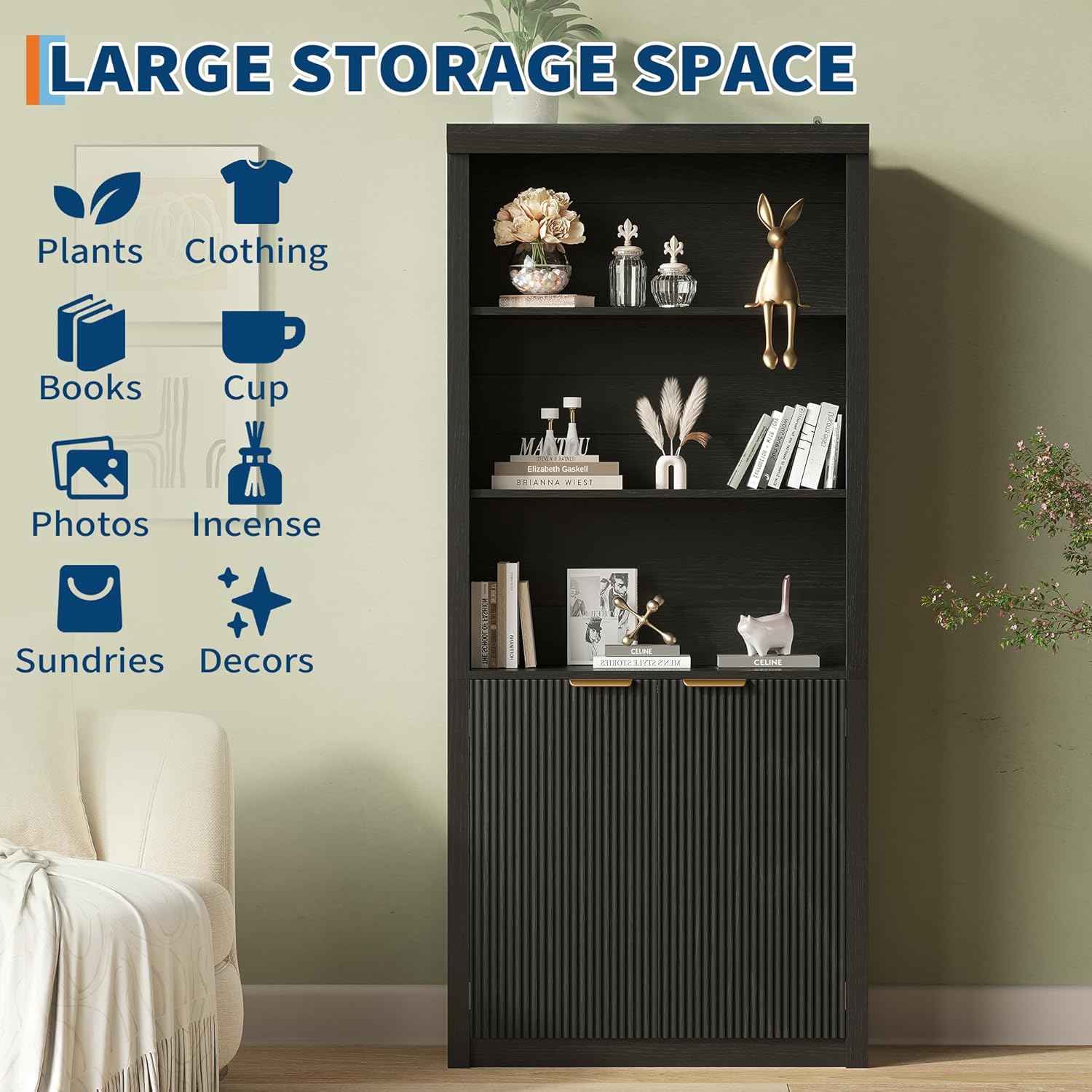 Modern Tall Book Shelf and Bookcase, 31.5"Wide Bookshelf with Doors, Farmhouse Book Case with Adjustable Top Shelf, Wood Storage Cabinet with 5 Tier Display Shelves for Home Office, Living Room, Black