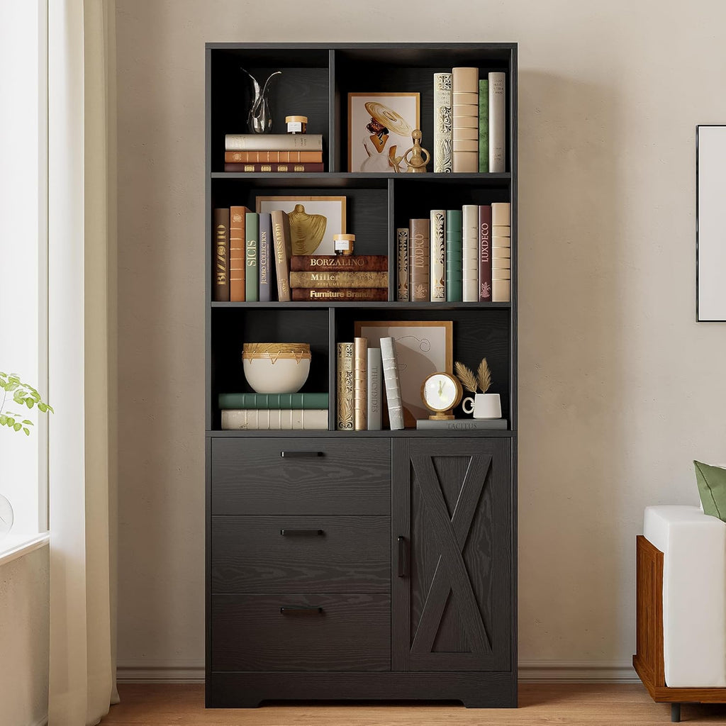 IRONCK Bookshelf, 70.9 Inch Tall Bookcase, Black Book Shelf with Doors and 3 Drawers, 3-Tier Bookshelves with 6 Open Cubes for Home Office, Living Room, Study