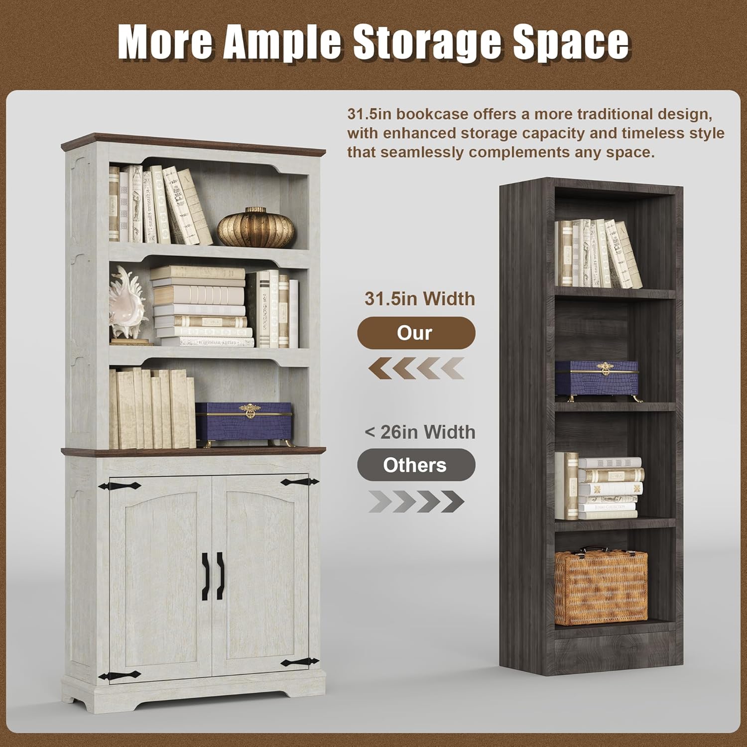 Tall Bookcase, 70 inch Height, 5-Tier Open Storage Shelf, 31.5 in Wide Standing Bookshelves for Home, Office, Bedroom, School, Library, 31.5W * 11.81D *70H (White Espresso, Wooden Door)