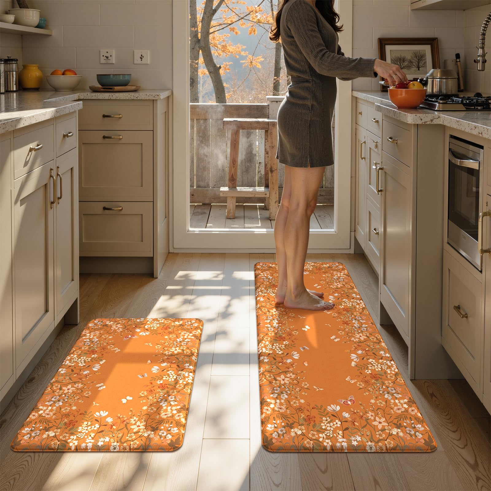 KIMODE Kitchen Mats for Floor Anti Fatigue, Flower Butterfly Kitchen Rugs Sets of 2, Cushioned Kitchen Floor Mats, Comfort Standing Mat for Sink Laundry Office Desk 20"x47"+20"x32" Beige