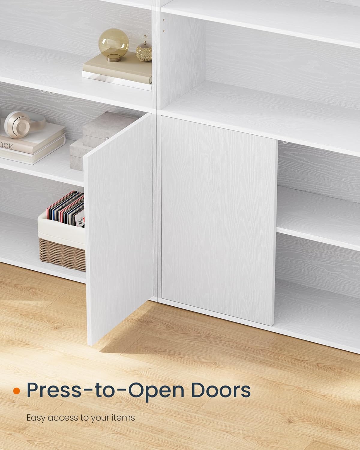 SONGMICS Home Book Shelf, Superfast Toolless Assembly, 6-Tier Floor Standing Bookcase with Doors and Adjustable Shelves, 70.4 Inches Tall for Bedroom Study Living Room, Snow White