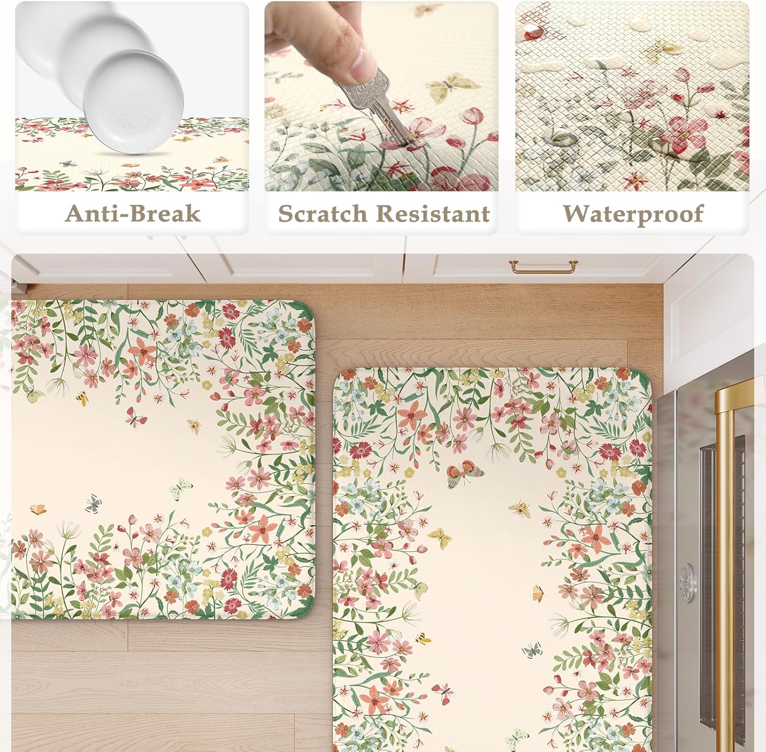 KIMODE Kitchen Mats for Floor Anti Fatigue, Flower Butterfly Kitchen Rugs Sets of 2, Cushioned Kitchen Floor Mats, Comfort Standing Mat for Sink Laundry Office Desk 20"x47"+20"x32" Beige