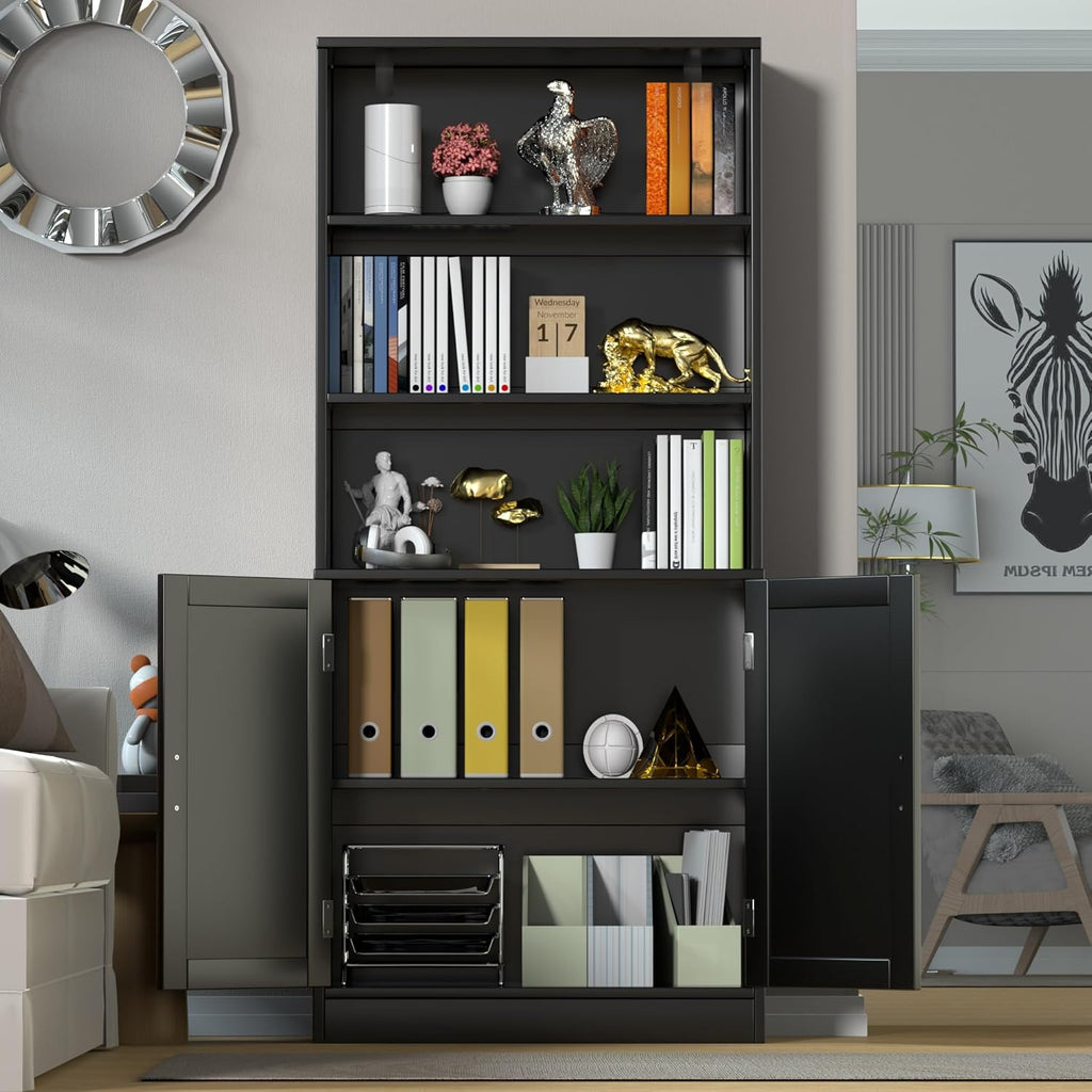 holzart 75" Tall Bookcase with Doors, 5 Tier Large Bookshelf with Cabinet, Standing Wood Display Book Shelf for Living Room, Office, Library with Doors, Black