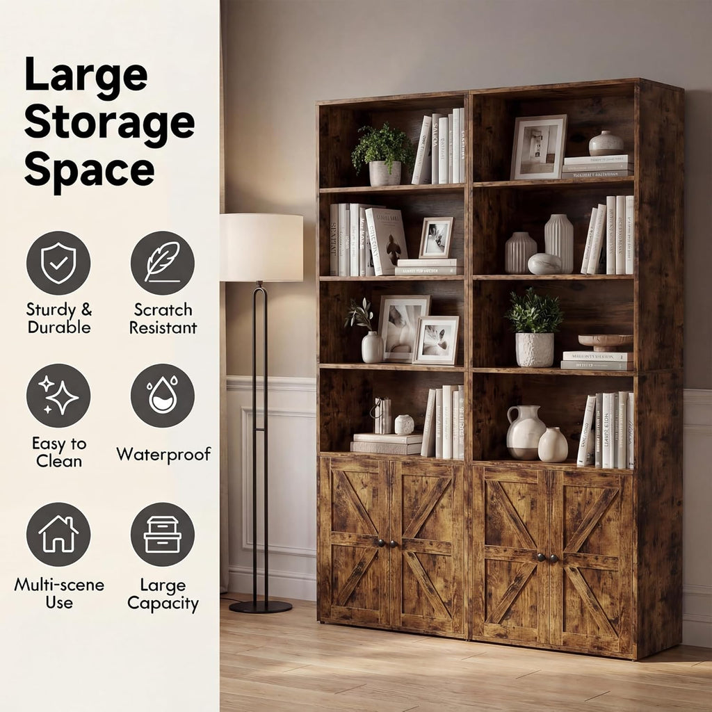 YESHOMY Farmhouse Bookshelf and Bookcase with Doors, Industrial Bookshelves and Bookcases Floor Standing Display 6-Tier Shelf Storage 71.5 inchs for Home Office, Living Room, Rustic Brown, 2 PCS