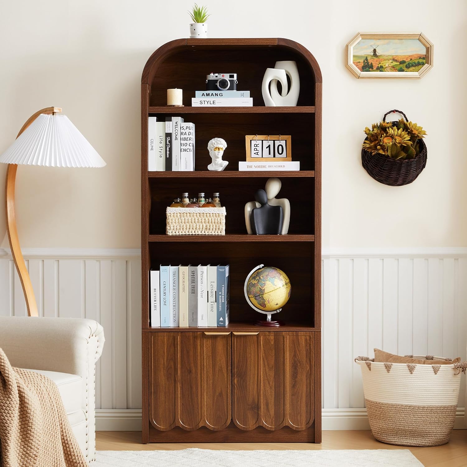 ORRD 70" Tall Arched Bookshelf with Storage Cabinet, Modern 4-Tier Wood Bookcase with Scalloped Doors & Gold Handles, Open Display Shelves for Living Room, Bedroom, or Home Study Office (Walnut)