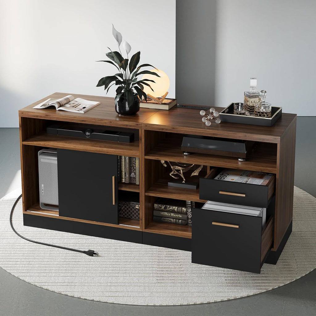 ModernMate Lateral File Cabinet with Lock,Home Office Furniture Storage Cabinet w/2 Drawers for A4 / Letter Documents, Wide Credenza w/Built-in Power Outlet, Fashion TV Stand Organizer Black Walnut