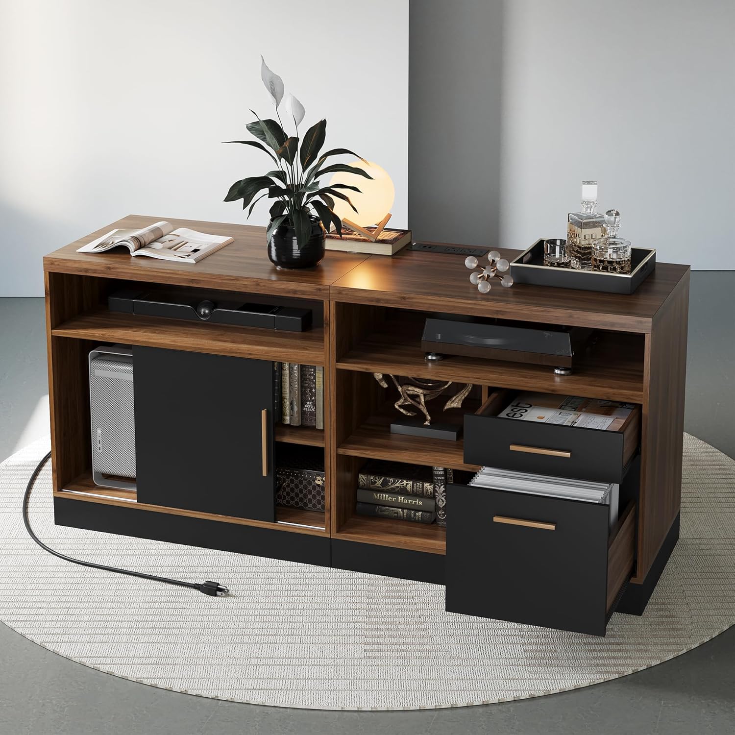 ModernMate Lateral File Cabinet with Lock,Home Office Furniture Storage Cabinet w/2 Drawers for A4 / Letter Documents, Wide Credenza w/Built-in Power Outlet, Fashion TV Stand Organizer Black Walnut